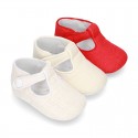 LINEN canvas Little T-Strap shoes with velcro strap and button for babies.