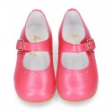 Classic Nappa leather in BLUSHER color little Mary Janes with perforated heart design.