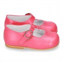 Classic Nappa leather in BLUSHER color little Mary Janes with perforated heart design.