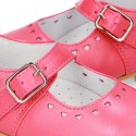 Classic Nappa leather in BLUSHER color little Mary Janes with perforated heart design.