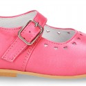 Classic Nappa leather in BLUSHER color little Mary Janes with perforated heart design.