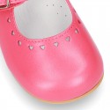 Classic Nappa leather in BLUSHER color little Mary Janes with perforated heart design.