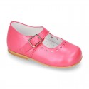 Classic Nappa leather in BLUSHER color little Mary Janes with perforated heart design.