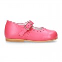 Classic Nappa leather in BLUSHER color little Mary Janes with perforated heart design.