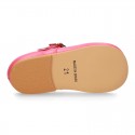 Classic Nappa leather in BLUSHER color little Mary Janes with perforated heart design.