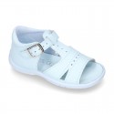 Washable leather sandals with open toe cap and buckle fastening with SUPER FLEXIBLE soles.
