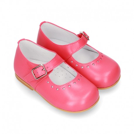 Classic Nappa leather in BLUSHER color little Mary Janes with perforated heart design.