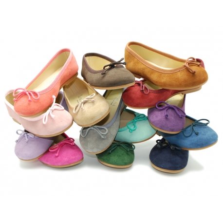 Classic suede leather ballet shoes with adjustable ribbon.