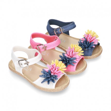 Little LINEN canvas SANDAL shoes espadrille style with FLOWERS design.