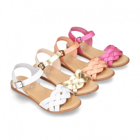 Cowhide leather Braided sandal shoes for toddler girls.