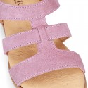 SUEDE leather T-Strap sandal shoes for toddler girls.