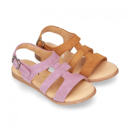 SUEDE leather T-Strap sandal shoes for toddler girls.