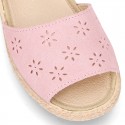 New Suede leather SANDAL shoes espadrille style with FLOWERS design.