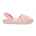 New Suede leather SANDAL shoes espadrille style with FLOWERS design.