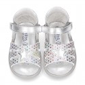 Metal finish leather sandals for little girls with STAR design velcro strap closure and EXTRA FLEXIBLE outsole.