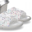 Metal finish leather sandals for little girls with STAR design velcro strap closure and EXTRA FLEXIBLE outsole.