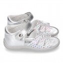 Metal finish leather sandals for little girls with STAR design velcro strap closure and EXTRA FLEXIBLE outsole.
