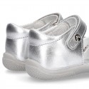 Metal finish leather sandals for little girls with STAR design velcro strap closure and EXTRA FLEXIBLE outsole.