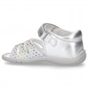 Metal finish leather sandals for little girls with STAR design velcro strap closure and EXTRA FLEXIBLE outsole.