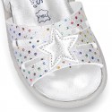 Metal finish leather sandals for little girls with STAR design velcro strap closure and EXTRA FLEXIBLE outsole.