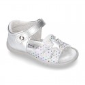 Metal finish leather sandals for little girls with STAR design velcro strap closure and EXTRA FLEXIBLE outsole.