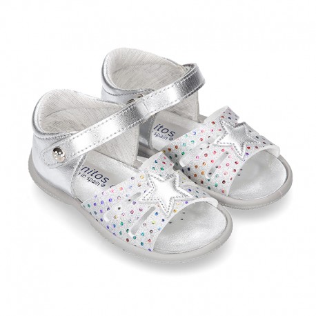 Metal finish leather sandals for little girls with STAR design velcro strap closure and EXTRA FLEXIBLE outsole.