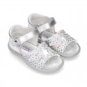 Metal finish leather sandals for little girls with STAR design velcro strap closure and EXTRA FLEXIBLE outsole.