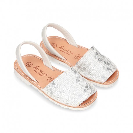 SOFT leather Menorquina sandals with rear strap and SEQUINS design.