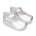 New METAL leather Mary Janes for babies with button.