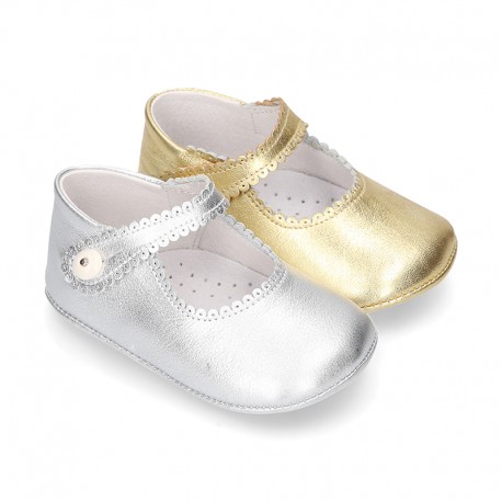 New METAL leather Mary Janes for babies with button.