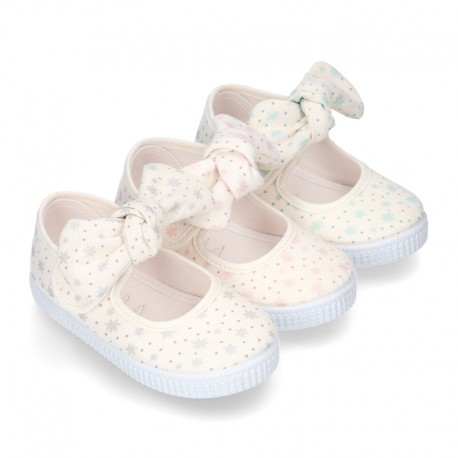 ASTRO design Cotton canvas Little Mary Janes with velcro strap and bow in pastel colors.