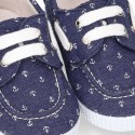 New Cotton Canvas Boat shoes with ANCHORS design and shoelaces.