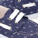 New Cotton Canvas Boat shoes with ANCHORS design and shoelaces.