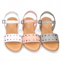 Leather sandal shoes to dress with two rear straps and chopped design for girls.