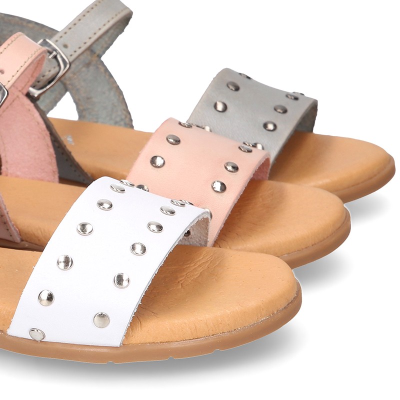 Girls Leather sandal shoes to dress with silver metal design. MG047 |  OkaaSpain
