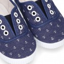 New Cotton Canvas Boat shoes with ANCHORS design and shoelaces.