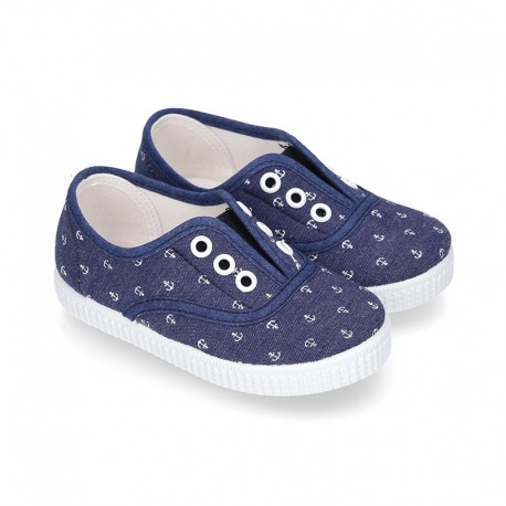 New Cotton Canvas Boat shoes with ANCHORS design and shoelaces.