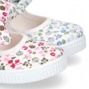 FLOWERS Cotton canvas Little Mary Janes with velcro strap and bow.