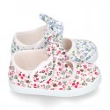 FLOWERS Cotton canvas Little Mary Janes with velcro strap and bow.