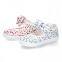 FLOWERS Cotton canvas Little Mary Janes with velcro strap and bow.
