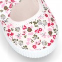 FLOWERS Cotton canvas Little Mary Janes with velcro strap and bow.