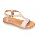 Suede Leather sandal shoes with GLITTER finishes and buckle fastening.