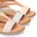 Suede Leather sandal shoes with GLITTER finishes and buckle fastening.