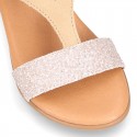 Suede Leather sandal shoes with GLITTER finishes and buckle fastening.