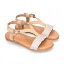 Suede Leather sandal shoes with GLITTER finishes and buckle fastening.