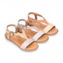 Suede Leather sandal shoes with GLITTER finishes and buckle fastening.