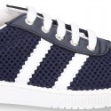 New Washable leather SPRING SUMMER tennis shoes combined with canvas with stripes design.