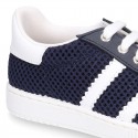 New Washable leather SPRING SUMMER tennis shoes combined with canvas with stripes design.