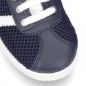 New Washable leather SPRING SUMMER tennis shoes combined with canvas with stripes design.