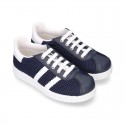 New Washable leather SPRING SUMMER tennis shoes combined with canvas with stripes design.